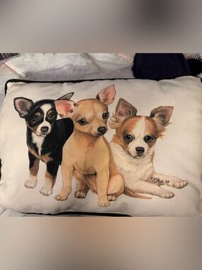 Decorative Chihuahua Pillow with Tri-Puppy Print - Beige